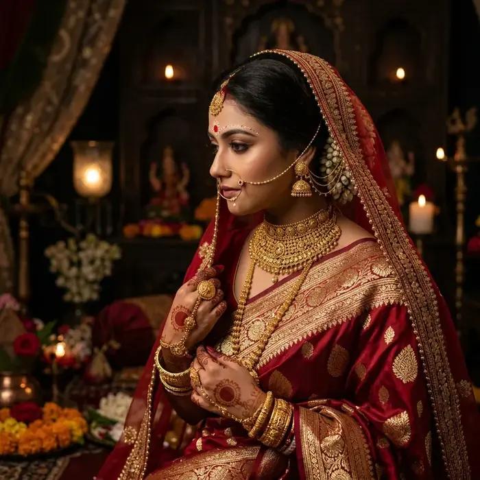 Bengali bride with gold jewellery