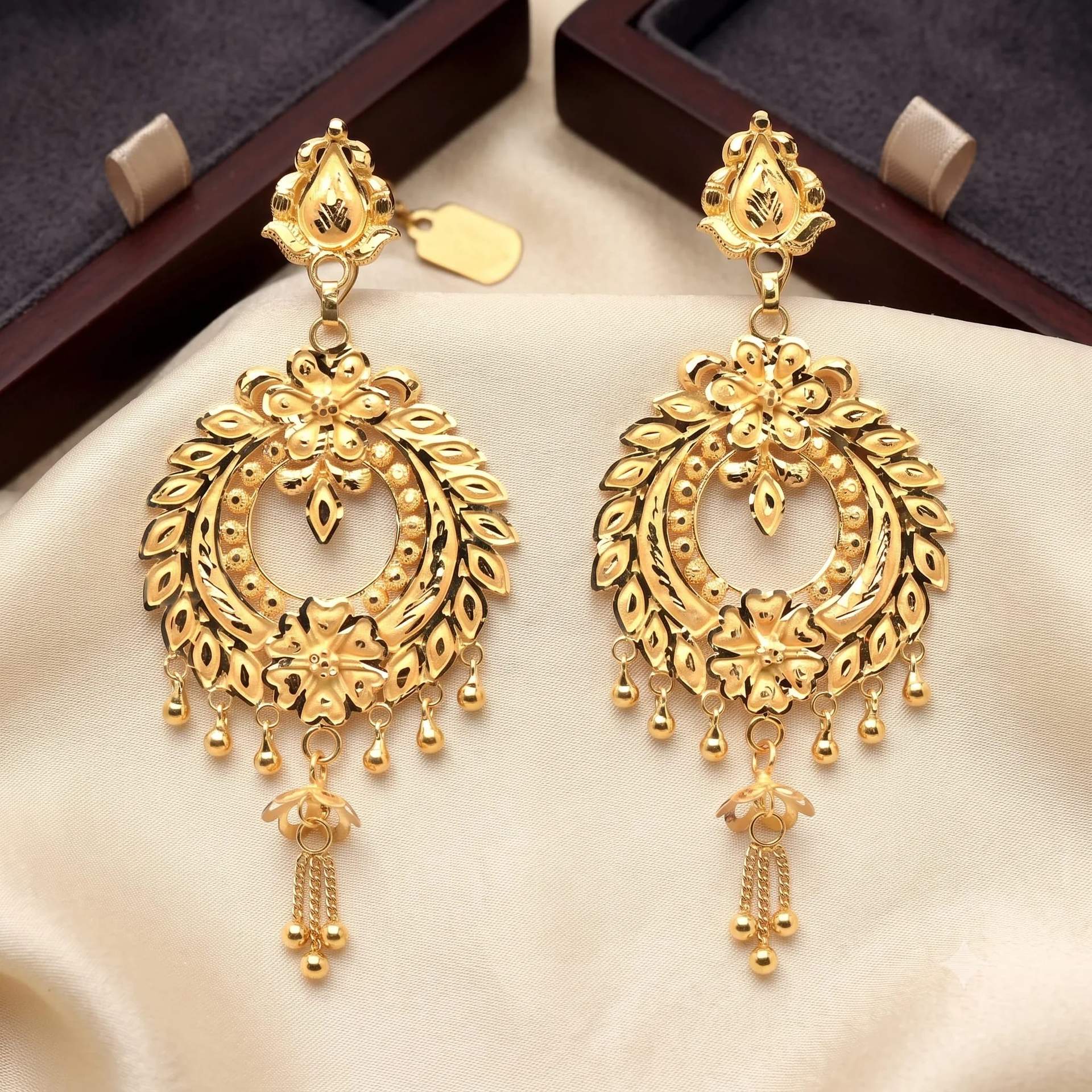 Royal Floral Leaf Drop Gold Earrings